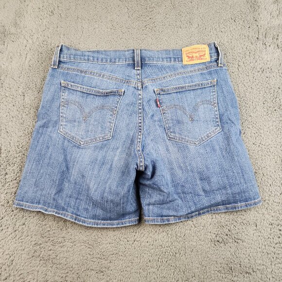 Women's Blue Jean Denim Shorts Size 30 Mid Rise Flat Front Whiskered 5" Inseam - Picture 2 of 13